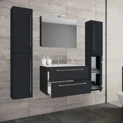 Waschplatz 80 cm 5-teiliges Set 2 Schubfächer mit Spiegelschrank schwarz