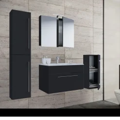 Waschplatz 80 cm 5-teiliges Set 1 Schubfach mit Spiegelschrank schwarz