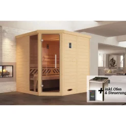 Weka Premium Massivholz-Elementsauna Kemi Eck Größe 2 Sparset 7,5 kW Bio S