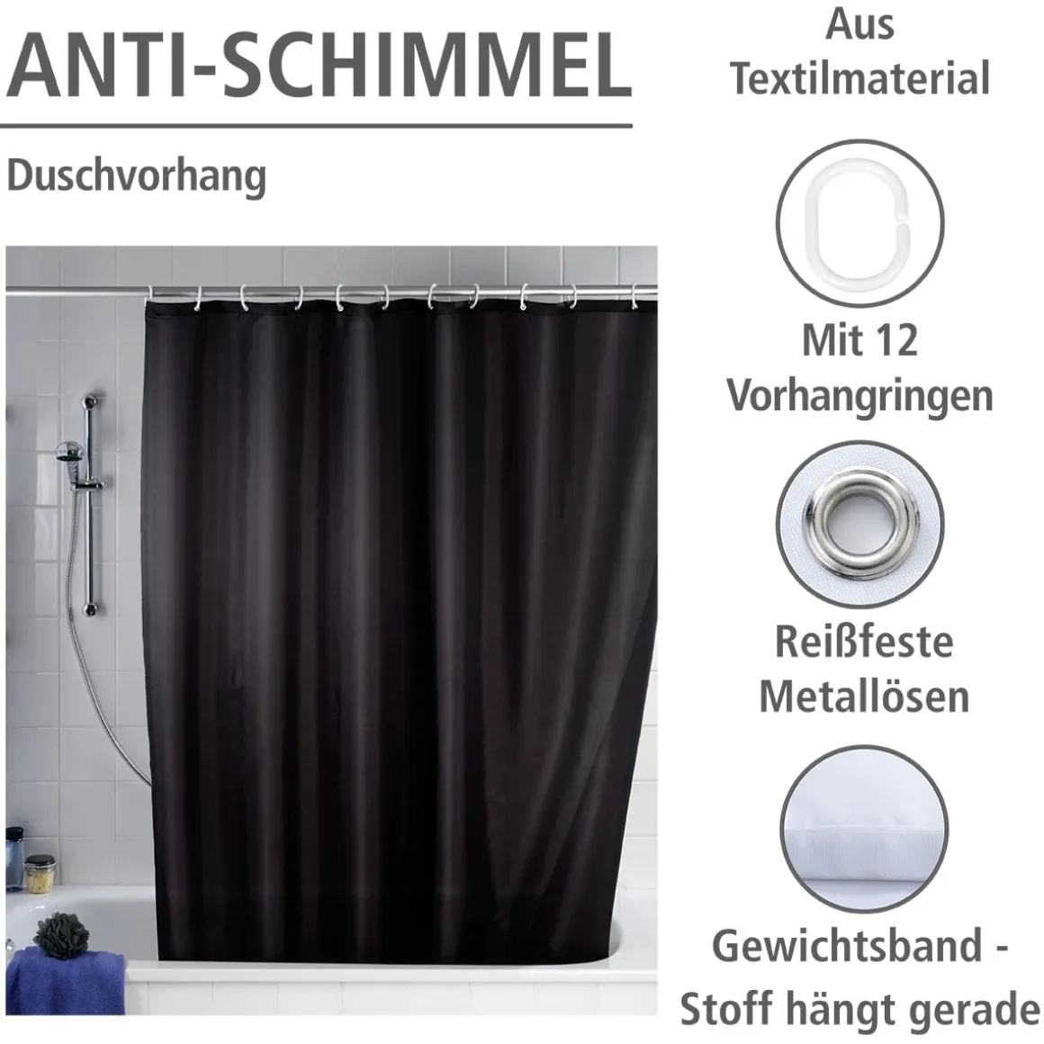 Wenko Anti-Schimmel Duschvorhang Uni Black Textil Polyester 180 x 200 cm waschbar