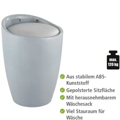 Wenko Hocker Candy Grey mit Wäschesack Badhocker mit abnehmbarem Wäschesammler