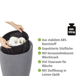 Wenko Hocker Candy Grey Leinenoptik mit Wäschesack Badhocker mit abnehmbarem Wäschesammler