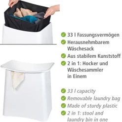 Wenko 2in1 Hocker Wing Weiß Badhocker mit herausnehmbarem Wäschesack