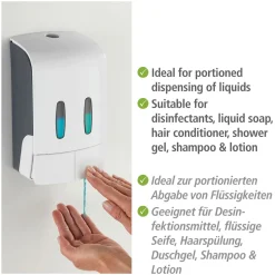 Wenko 2-Kammer Desinfektionsmittel- und Seifenspender Tartas Weiß Seifen-Dosierer und Desinfektionsspender Füllmenge je Kammer 480 ml