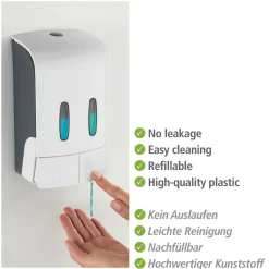 Wenko 2-Kammer Desinfektionsmittel- und Seifenspender Tartas Weiß Seifen-Dosierer und Desinfektionsspender Füllmenge je Kammer 480 ml
