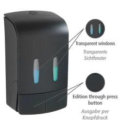 Wenko 2-Kammer Desinfektionsmittel- und Seifenspender Tartas Schwarz Seifen-Dosierer und Desinfektionsspender Füllmenge je Kammer 480 ml
