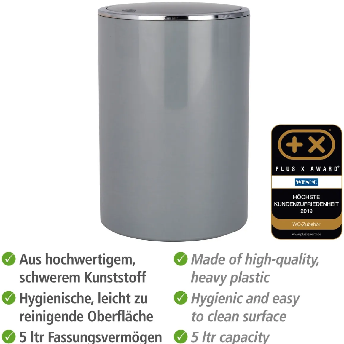 Wenko Schwingdeckeleimer Inca Grey hochwertiger Kunststoff 5 L