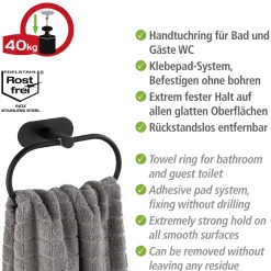 Wenko Turbo-Loc Edelstahl Handtuchring Orea Black Matt Handtuchhalter Befestigen ohne bohren