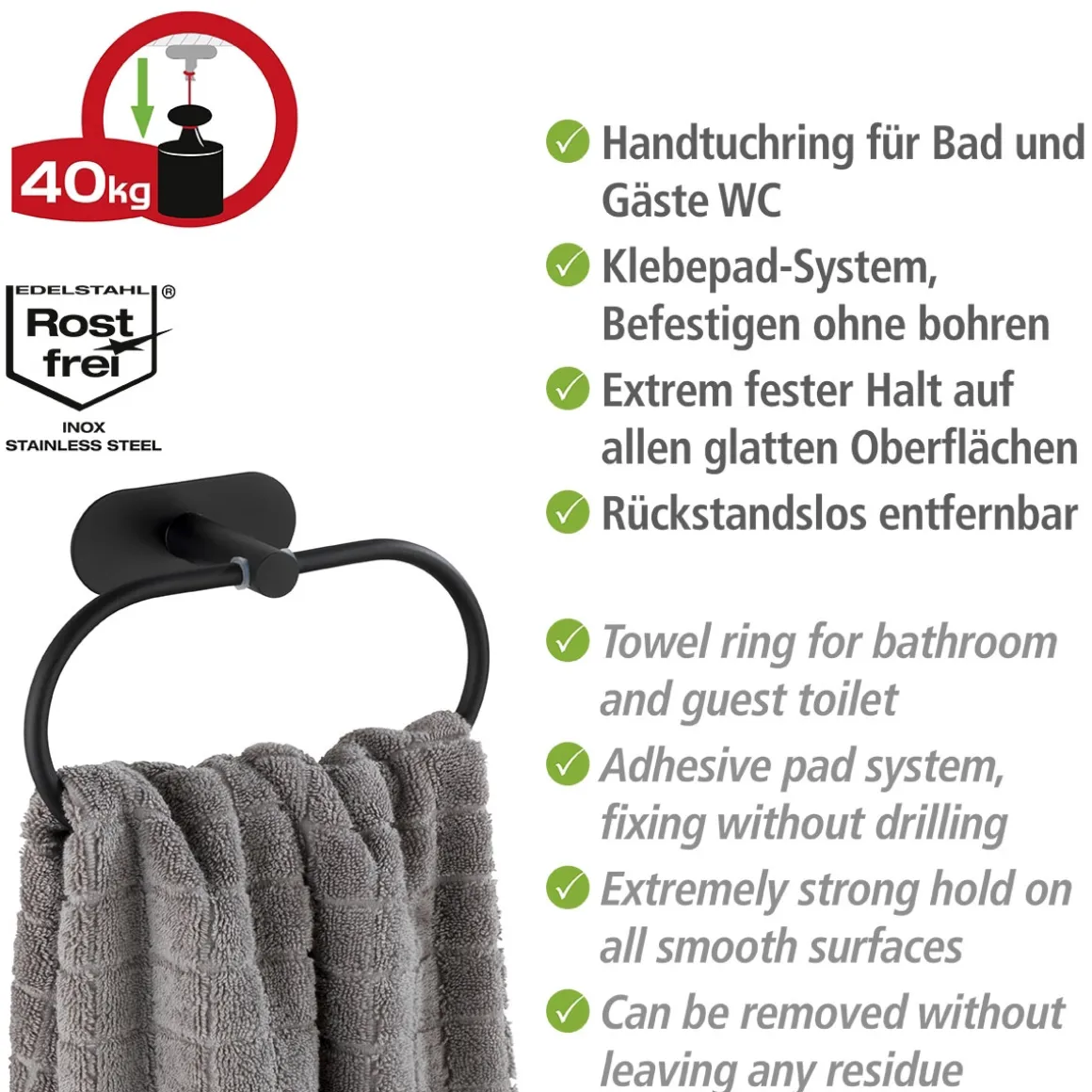 Wenko Turbo-Loc Edelstahl Handtuchring Orea Black Matt Handtuchhalter Befestigen ohne bohren