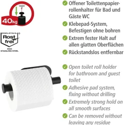 Wenko Turbo-Loc Edelstahl Toilettenpapierhalter Orea Black Matt WC-Rollenhalter Befestigen ohne bohren