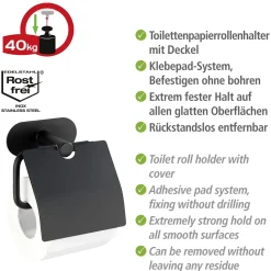 Wenko Turbo-Loc Edelstahl Toilettenpapierhalter mit Deckel Orea Black Matt WC-Rollenhalter Befestigen ohne bohren
