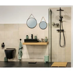 Wenko Wandspiegel Borrone rund 30 cm schwarz mit Aufhänge-Gurt