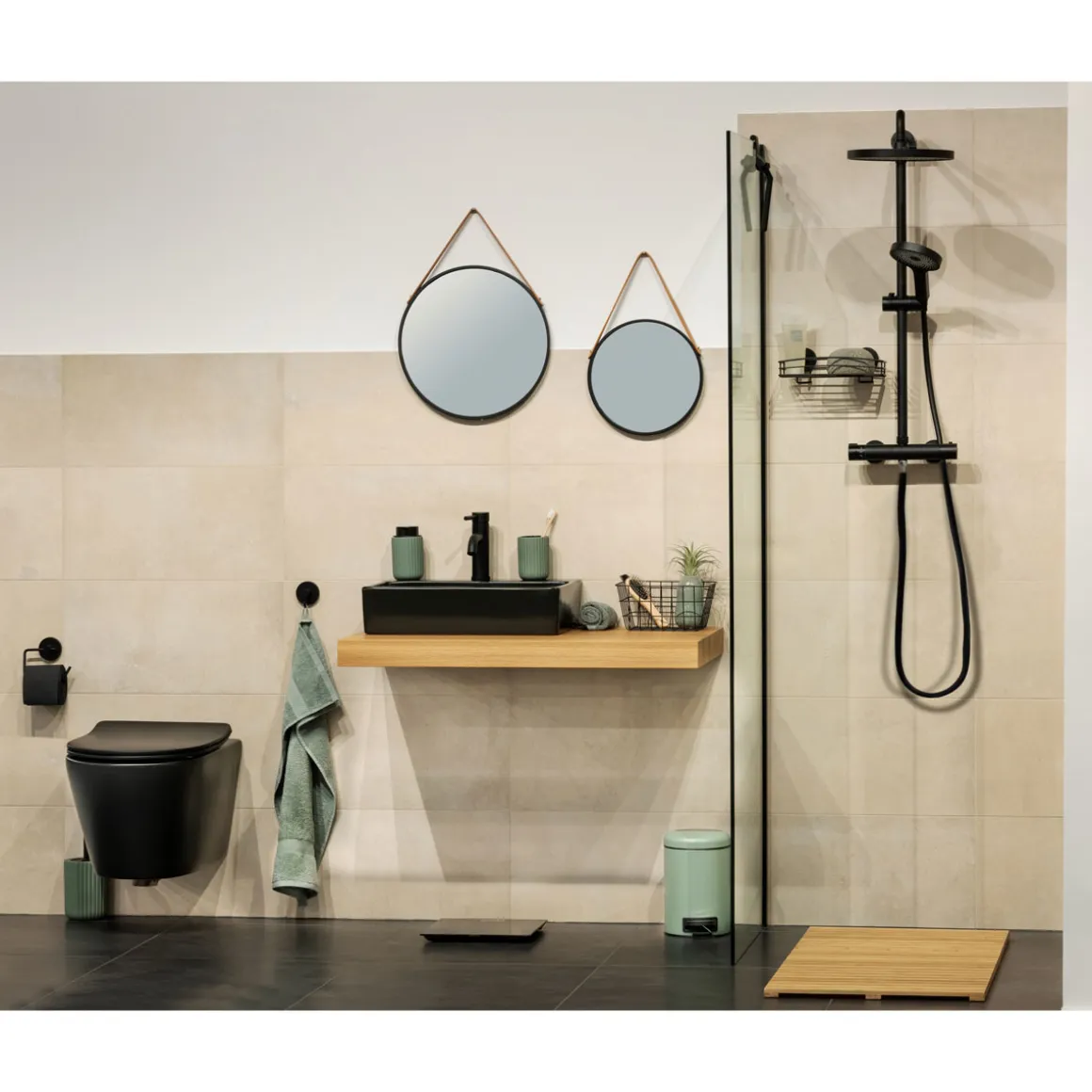 Wenko Wandspiegel Borrone rund 30 cm schwarz mit Aufhänge-Gurt