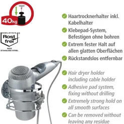 Wenko Haartrocknerhalter Edelstahl Befestigen ohne bohren Turbo-Loc